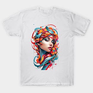 Women with Flowers in Her Hair: Blooming Beauty - Colorful T-Shirt